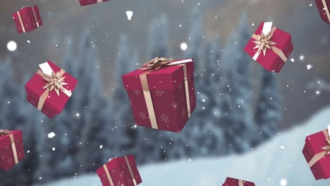 Animation-of-falling-snow-and-red-christmas-presents-over-winter-landscape