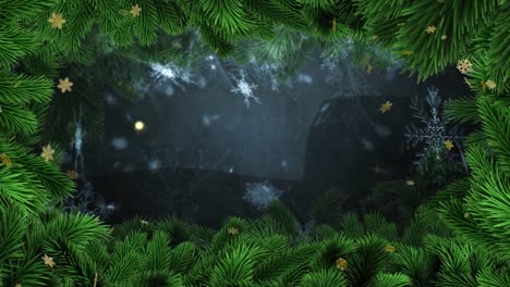 Animation-of-gold-and-white-snowflakes-falling-in-night-sky-with-christmas-tree-border