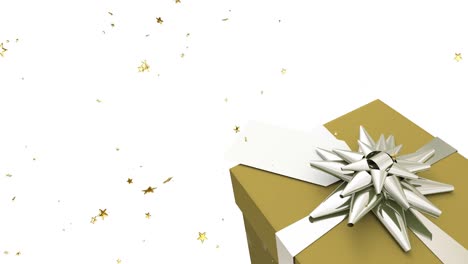 Animation-of-falling-gold-stars-with-gold-christmas-gift-on-white-background