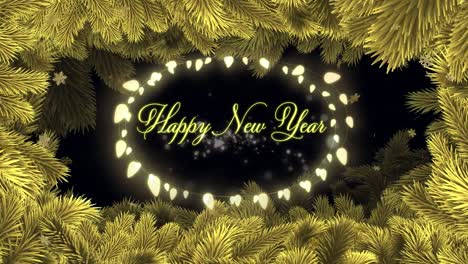 Animation-of-happy-new-year-text-with-glowing-lights,-golden-snowflakes-and-christmas-tree-border