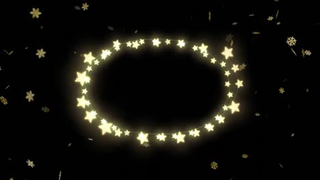 Animation-of-falling-gold-christmas-snowflakes-and-ring-of-glowing-star-lights-on-black-background