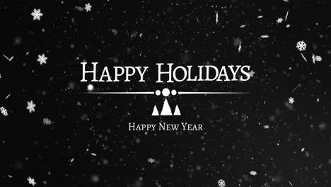 Animation-of-happy-holidays-and-new-year-text-in-white-with-christmas-snowflakes-on-black-background