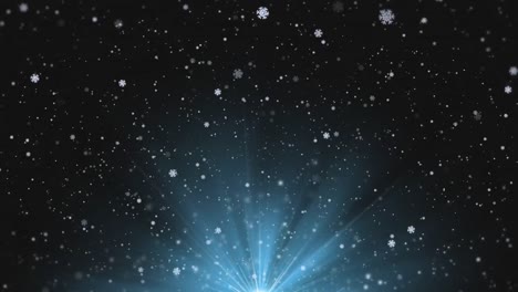 Animation-of-white-christmas-snowflakes-falling-over-pulsating-spotlight-on-black-background