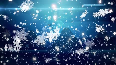 Animation-of-white-christmas-snowflakes-falling-over-blue-lights-and-mountain-landscape