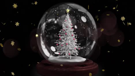 Animation-of-falling-gold-snowflakes-with-christmas-tree-in-snow-globe-and-black-background