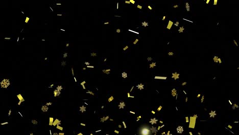 Animation-Von-Goldenen-Weihnachtsschneeflocken-Und-Konfetti,-Die-Auf-Schwarzen-Hintergrund-Fallen