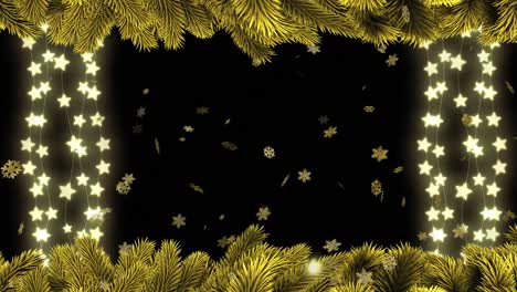 Animation-of-glowing-star-lights-and-golden-snowflakes-falling,-with-christmas-tree-border