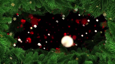 Animation-of-gold-snowflakes-and-glowing-red-and-white-balls-of-light-with-christmas-tree-border