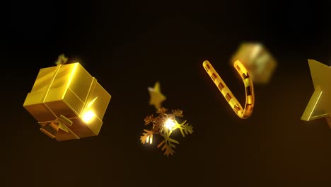 Animation-of-gold-stars,-presents-and-candy-canes-falling-over-black-background