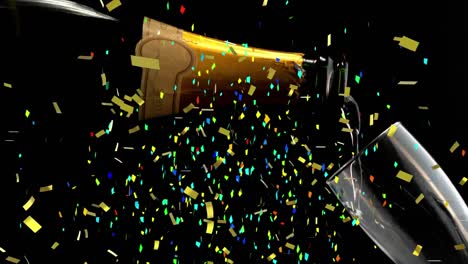 Animation-of-confetti-falling-over-champagne-pouring-into-glass-on-black-background