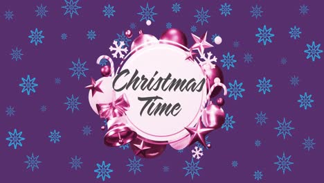 Animation-of-pink-decorations-around-christmas-time-text-over-blue-snowflakes-on-purple-background
