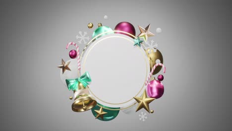Animation-of-christmas-decorations-around-blank-white-circular-sign-on-grey-background