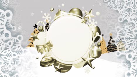 Animation-of-christmas-decorations-around-blank-white-circular-sign-over-snow-and-winter-landscape
