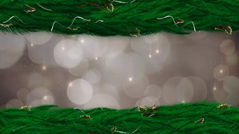 Animation-of-glowing-stars-falling-over-white-light-spots,-with-christmas-tree-borders