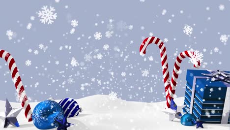 Animation-of-white-snowflakes-falling-over-candy-canes,-christmas-gifts-and-decorations-in-snow