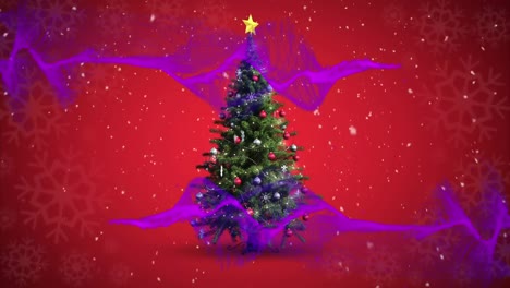 Animation-of-purple-mesh-over-christmas-tree-and-snow-falling-on-red-background