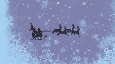 Animation-of-blue-snow-and-snowflakes-over-silhouette-of-santa's-christmas-sleigh-on-grey-background