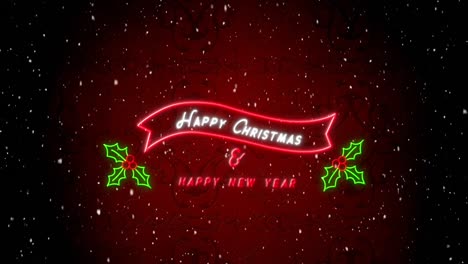 Animation-of-happy-christmas-and-new-year-text-in-neon-sign-with-holly-leaves-in-falling-snow