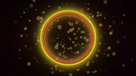 Animation-of-red-and-yellow-neon-rings-over-light-spots-on-black-background