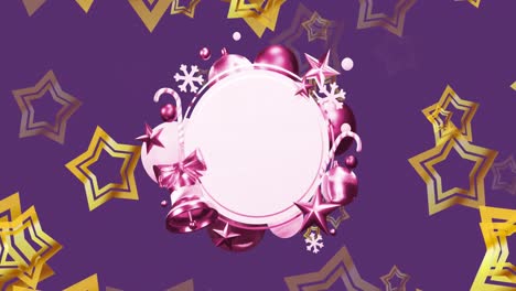 Animation-of-pink-christmas-decorations-around-white-circles-with-gold-stars-on-purple-background