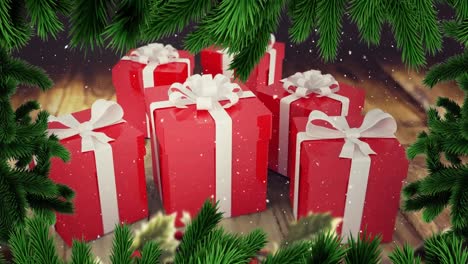 Animation-of-snow-falling-over-red-gifts,-with-christmas-tree-borders