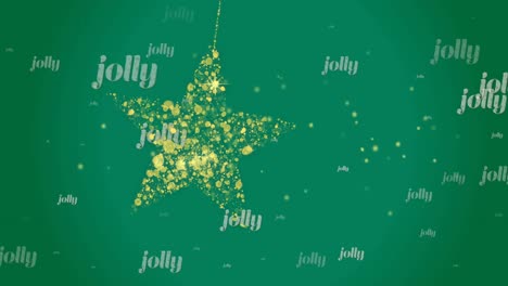 Animation-of-repeated-jolly-text-with-gold-christmas-star-bauble-swinging-on-green-background