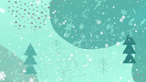 Animation-Blauer-Weihnachtsschneeflocken,-Die-über-Bäume-In-Grüner-Landschaft-Fallen