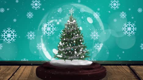 Animation-of-snow-globe-with-christmas-tree-and-snow-falling-on-green-background