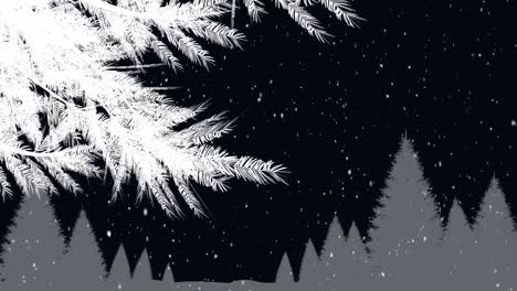 Animation-Von-Schnee,-Der-über-Weiße-Und-Graue-Weihnachtsbäume-Auf-Schwarzem-Hintergrund-Fällt