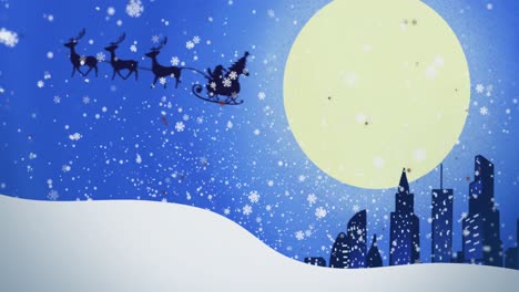 Animation-Von-Weißen-Schneeflocken,-Die-über-Den-Weihnachtsschlitten-Des-Weihnachtsmanns-Und-Den-Mond-Im-Winterlichen-Stadtbild-Fallen