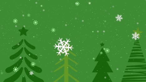 Animation-Von-Weißen-Weihnachtsschneeflocken,-Die-über-Grüne-Bäume-Und-Grünen-Hintergrund-Fallen