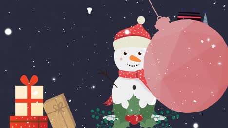 Animation-of-swinging-pink-bauble-over-christmas-gifts-and-snowman-on-black-background