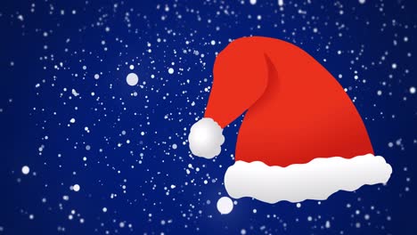 Animation-of-snow-falling-over-christmas-hat-on-blue-background