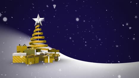 Animation-Von-Weißen-Sternen-Und-Schnee,-Der-über-Den-Goldenen-Weihnachtsbaum-Und-Die-Geschenke-Fällt