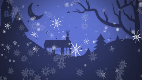 Animation-Fallender-Weißer-Weihnachtsschneeflocken-über-Blauem-Himmel-Und-Silhouette-Von-Haus-Und-Bäumen
