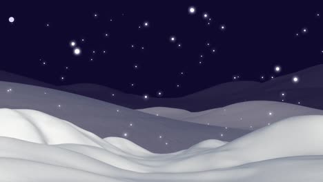 Animation-Von-Weißem-Weihnachtsschnee,-Der-über-Den-Nachthimmel-Und-Die-Winterlandschaft-Fällt