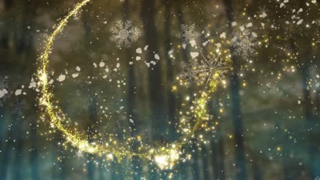 Animation-of-shooting-stars-and-christmas-snowflakes-falling-over-winter-forest