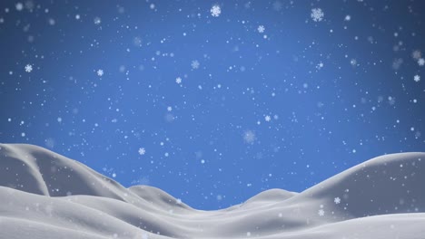Animation-of-white-christmas-snowflakes-falling-over-blue-sky-and-winter-landscape