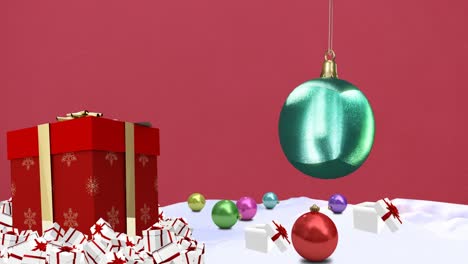 Animation-of-shiny-blue-bauble-with-gifts-and-christmas-decorations-on-red-background