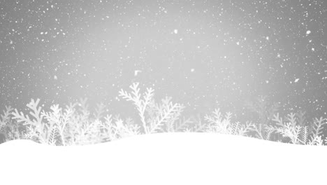 Animation-Von-Weißem-Weihnachtsschnee,-Der-über-Pflanzen-In-Einer-Winterlandschaft-Mit-Grauem-Himmel-Fällt