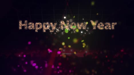 Animation-of-happy-new-year-text-over-fireworks-and-colourful-lights-on-dark-background