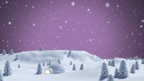 Animation-Von-Weißen-Weihnachtsschneeflocken,-Die-über-Die-Winterlandschaft-Fallen,-Mit-Beleuchtetem-Iglu