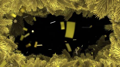Animation-of-gold-snowflakes-and-confetti-falling-on-black-background-with-christmas-tree-border