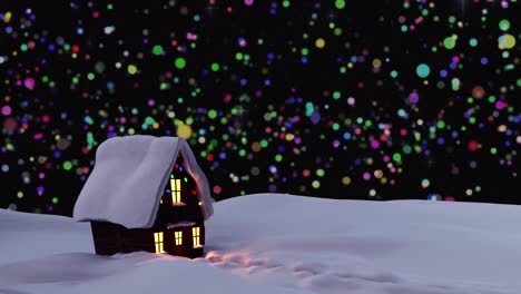 Animation-of-coloured-lights-in-night-sky-over-christmas-cottage-in-winter-landscape