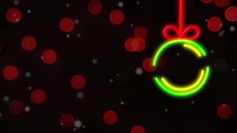 Animation-of-flashing-green-neon-christmas-bauble-over-falling-snow-and-flickering-red-light-spots