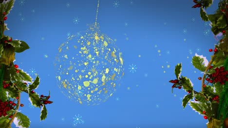 Animation-of-gold-christmas-bauble-swinging-over-snowflakes-and-holly-leaves-on-blue-background