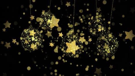 Animation-of-gold-christmas-baubles-swinging-and-floating-gold-stars-on-black-background
