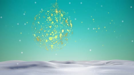 Animation-of-gold-christmas-bauble-swinging-over-snow-falling-over-blue-sky-and-winter-landscape