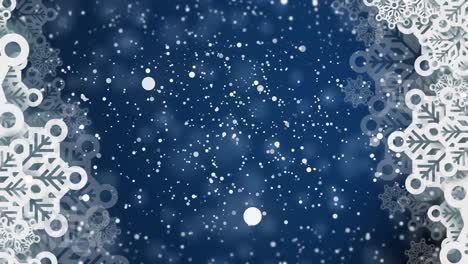 Animation-of-white-christmas-snow-falling-in-blue-night-sky-with-snowflake-borders
