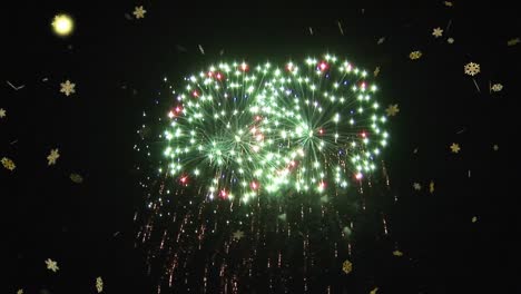Animation-of-gold-christmas-snowflakes-falling-over-new-year-fireworks-in-night-sky,-with-copy-space